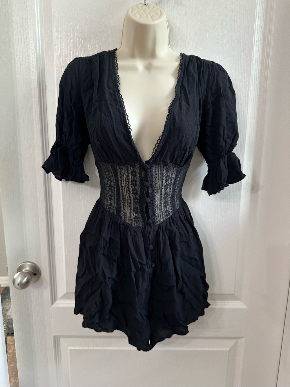 Urban Outfitters Black Lace-Trimmed Corset Romper Chemise